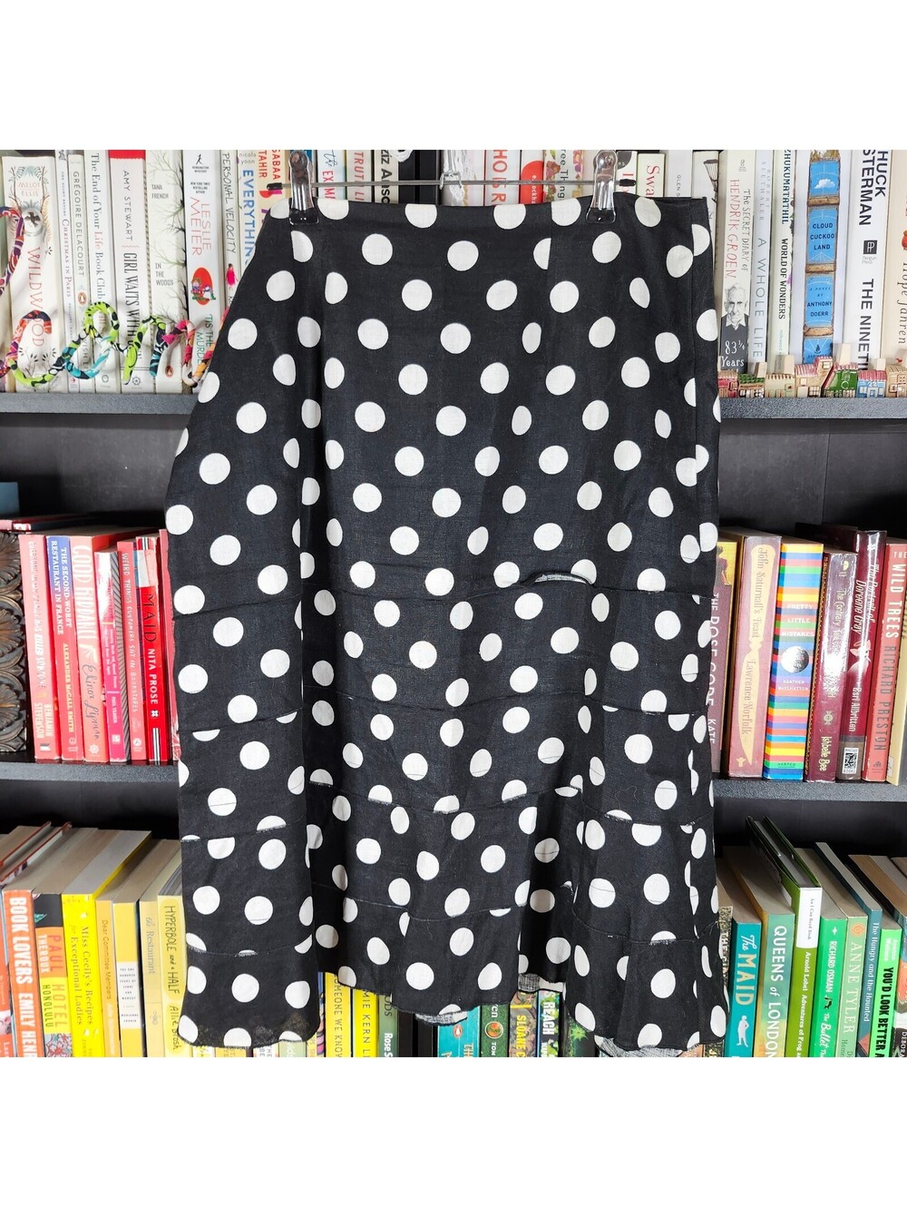 Transitions Black White Polka Dot Linen Tiered Ruffle Midi Skirt Women's Size 10